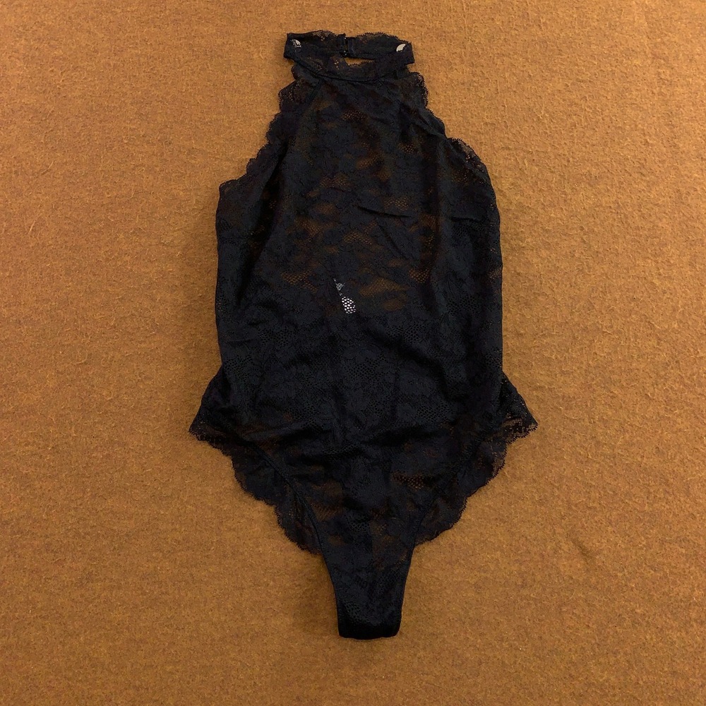 Syrn Womens Medium Black Lace Halter Open Back Sheer Bodysuit NWT